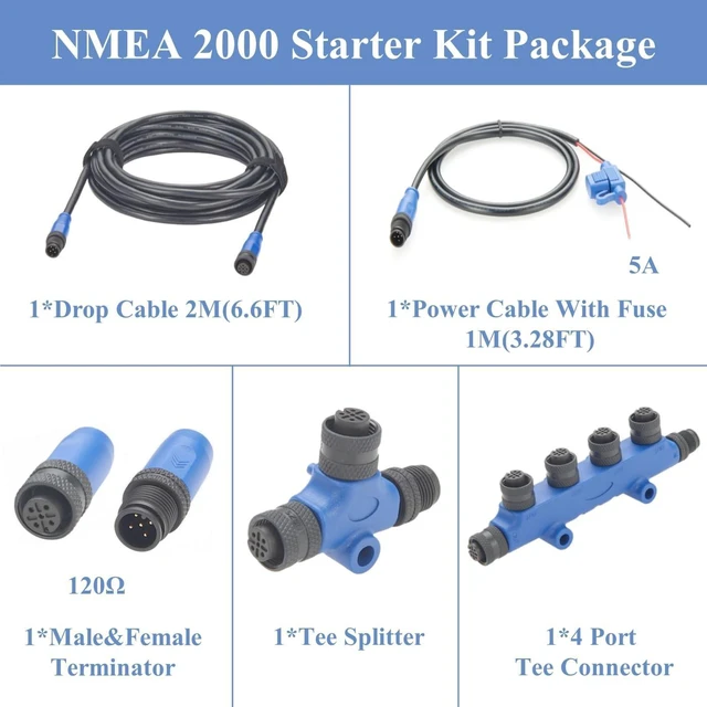 Alt view image 2 of 6 - NMEA 2000 N2K Starter Kit Marine Grade Backbone Drop Cable T Connector 4 Port Tees Terminators Power Cable with Fuse for Lowrance Simrad B&G Navico Garmin Networks (Kit 2)