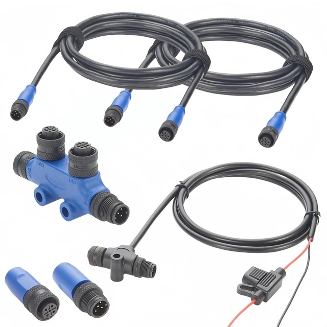 Main image of NMEA 2000 N2K Starter Kit Marine Grade Backbone Drop Cable 2 Port Tees Terminators Power Cable with Fuse for Lowrance Simrad B&G Navico Garmin Networks (Kit-E)