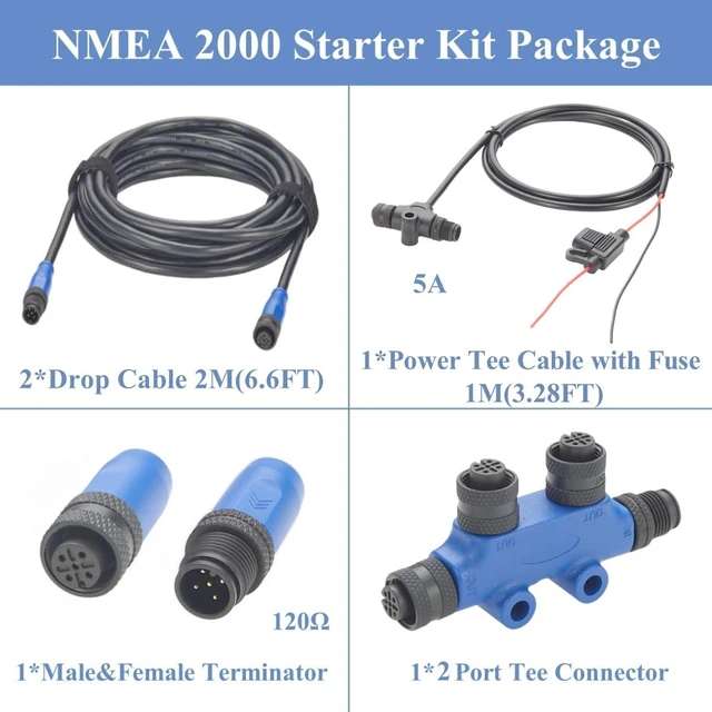 Alt view image 2 of 7 - NMEA 2000 N2K Starter Kit Marine Grade Backbone Drop Cable 2 Port Tees Terminators Power Cable with Fuse for Lowrance Simrad B&G Navico Garmin Networks (Kit-E)