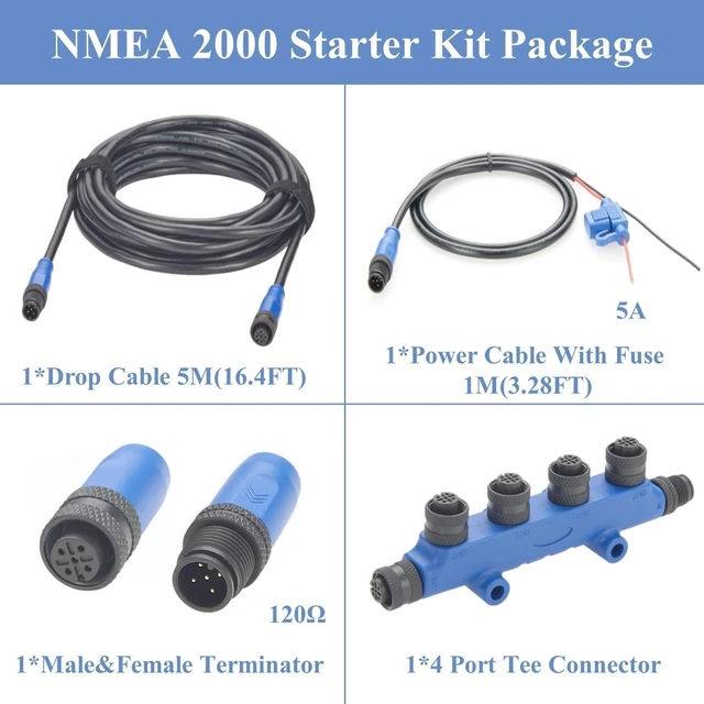 Alt view image 2 of 6 - NMEA 2000 N2K Starter Kit Marine Grade Backbone Cable Drop Cable 4 Port Tees Terminators Power Cable with Fuse for Lowrance Simrad B&G Navico Garmin Networks (Kit 1)