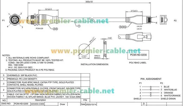 Alt view image 6 of 7 - Panel Mount M12 D Code 4 Pin to RJ45 Cable 100Mbps CAT6A SFTP Industrial Ethernet Cable IP67 Shielded RJ45 Male to M12 Female for Profinet, EtherNet/IP, Modbus TCP, PLC, Sensor(0.3m)