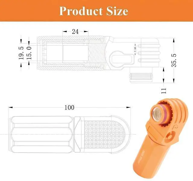 Alt view image 5 of 6 - 90 Degree 12mm 350A 95mm² Single Core Plug for Energy Storage Battery IP67 Waterproof EV Battery Container Connector,1PC (Orange, 350A)