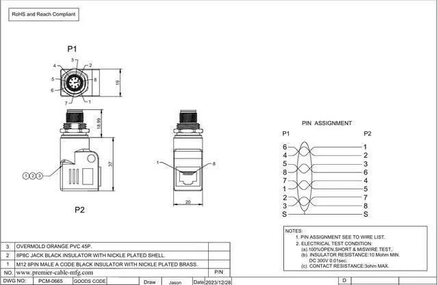 Alt view image 6 of 6 - RJ45 Female to M12 A Coded 8Pin Male Adapter Waterproof Panel Mount feedthrough Bulkhead Connector Industrial Ethernet Circular Connector for Industrial Camera Sensor (M12 Male to RJ45 Right Angle)