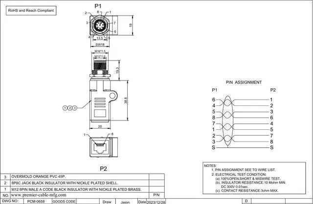 Alt view image 6 of 6 - RJ45 Female to M12 A Coded 8Pin Male Adapter Waterproof Panel Mount Bulkhead Socket Industrial Ethernet Circular Connector for Industrial Camera Sensor (M12 Male to RJ45 Straight)