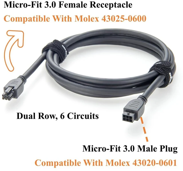 Alt view image 3 of 7 - Micro-Fit 3.0 6Pin Male Plug to Female Receptacle Cable Dual Row 6 Circuits Power and Signal Assembly Compatible with 430200601 to 430250600 (1PC, 2M/6.6FT)