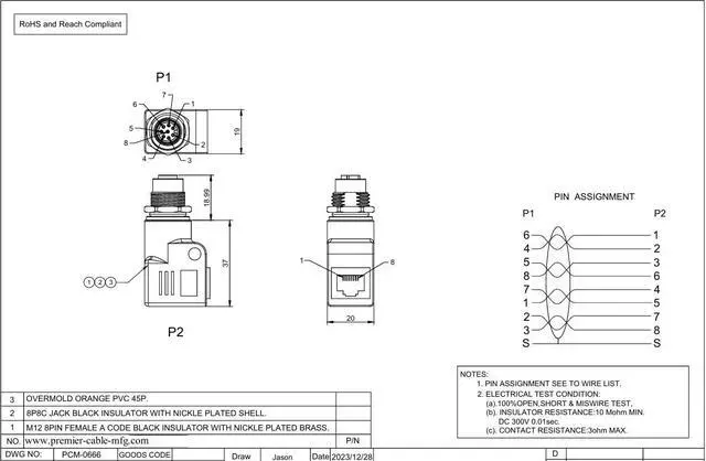 Alt view image 6 of 6 - RJ45 to M12 A Coded 8Pin Adapter IP67 Waterproof Female to Female Panel Mount feedthrough Bulkhead Connector Socket Circular Connector for Industrial Camera Sensor (M12 Female to RJ45 Right Angle)