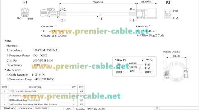 Alt view image 6 of 7 - TE GEMnet Female to MATEnet Male Automotive Ethernet Cable 1-2368022-4 to 2302461-9 10Gbps 100/1000BASE-T1 Shielded Vehicle Network Cable for ADAS, ECU, Camera, Telematics, Domain Controller(2M/6.6FT)