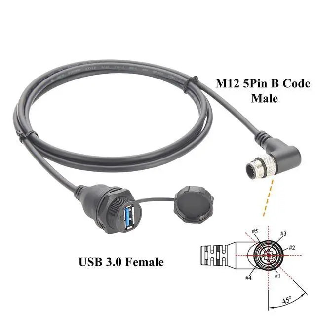 Alt view image 2 of 7 - Right Angle Industrial USB 3.0 Connection Cable IP67 Waterproof USB A Socket to M12 5Pin B Code Male Feedthrough Bulkhead Panel Mount Compatible with IFM EC9125 for PDM360 NG Module,HMI(1.5M/4.92FT)