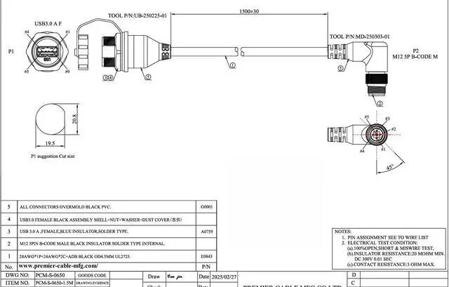 Alt view image 6 of 7 - Right Angle Industrial USB 3.0 Connection Cable IP67 Waterproof USB A Socket to M12 5Pin B Code Male Feedthrough Bulkhead Panel Mount Compatible with IFM EC9125 for PDM360 NG Module,HMI(1.5M/4.92FT)