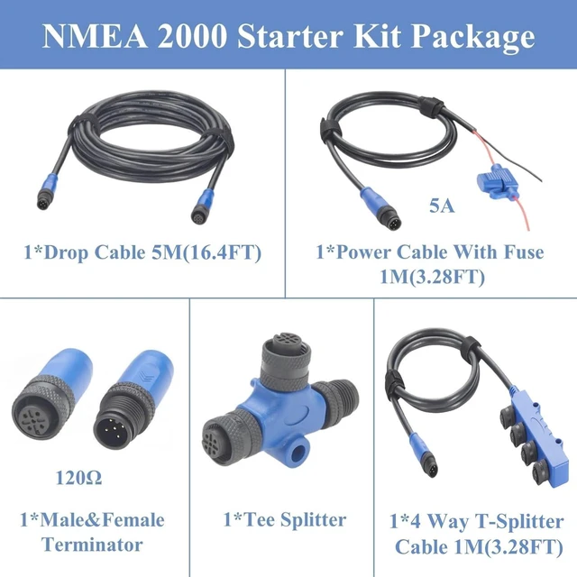 Alt view image 2 of 7 - NMEA 2000 N2K Starter Kit Marine Grade Backbone Cable Drop Cable Tee Splitter 4 Way Splitter Terminators Power Cable with Fuse for Lowrance Simrad B&G Navico Garmin Networks (Kit C)
