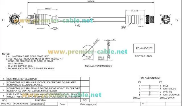 Alt view image 6 of 7 - Profinet M12 D Code 4 Pin Male to Female Extension Cable Bulkhead Panel Mount Shielded 100Mbps Cat6A Industrial Ethernet Cable for Industrial Camera, PLC, Sensors, Automation(0.3m)