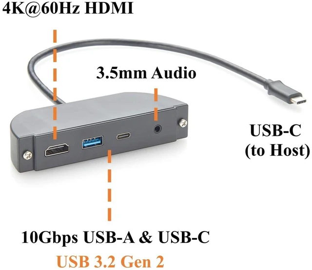 Alt view image 2 of 7 - Screw Panel Mount USB C Hub, 4-in-1 Multiport Adapter with 4K@60Hz HDMI, 10Gbps USB-A & USB-C Data Ports, 3.5mm Audio Headphone & Microphone Jack, for Embedded System, PC, Control Cabinets (1.5M)