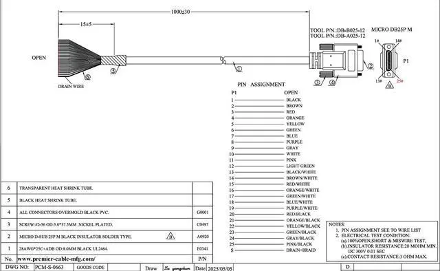 Alt view image 7 of 7 - 25 Pin Micro-D Micro DB25 Female to Open End Pigtail Cable (1M/3.28FT)