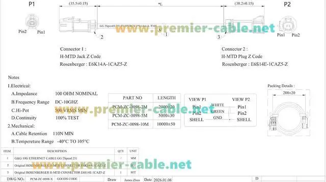 Alt view image 6 of 7 - IP67 Waterproof H-MTD Male to Female Automotive Ethernet Cable Rosenberger E6S14E-1CAZ5-Z to E6K14A-1CAZ5-Z 10Gbps 100/1000BASE-T1 for ADAS Camera, Robotaxi, LiDAR, ECU, Telematics (5M/16.4FT)