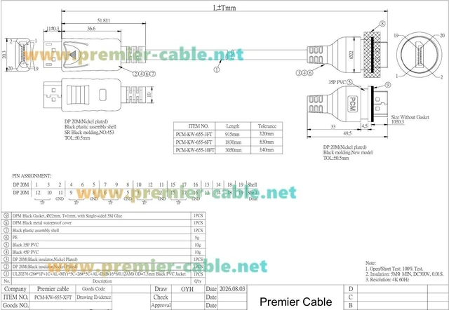 Alt view image 7 of 7 - DisplayPort 1.2 Male to Male Cable 4K@60Hz IP67 Waterproof DP Cable with Threaded Bulkhead Panel Mount (3FT)