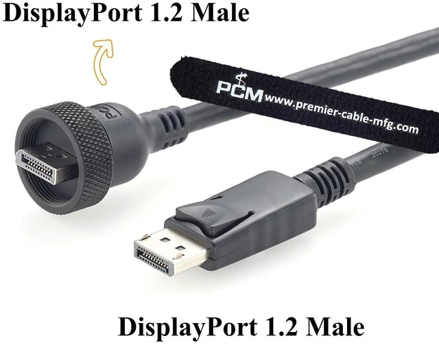 Alt view image 2 of 7 - DisplayPort 1.2 Male to Male Cable 4K@60Hz IP67 Waterproof DP Cable with Threaded Bulkhead Panel Mount (3FT)
