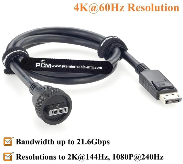 Alt view image 4 of 7 - DisplayPort 1.2 Male to Male Cable 4K@60Hz IP67 Waterproof DP Cable with Threaded Bulkhead Panel Mount (3FT)
