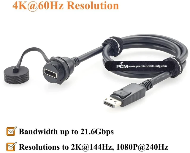 Alt view image 4 of 7 - Waterproof Panel Mount DisplayPort 1.2 Male to Female Extension Cable (2FT)