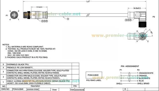 Alt view image 6 of 7 - Profinet M12 4 Pin D Code Male to Female Extension Cable Waterproof Shielded Cat5 Ethernet High Flex Cable for Industrial Camera, Automation, Encoder, Sensor, Drag Chain Robot (Right Angle, 5M/16.4FT)