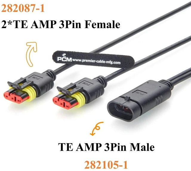 Alt view image 2 of 7 - 3 Pin TE AMP Superseal 1.5 Series Y Splitter Cable 1 Male to 2 Female Waterproof Automotive Connector Cable 282105-1 282087-1 (3Pin, 2M/6.6FT)