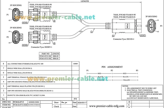 Alt view image 7 of 7 - 3 Pin TE AMP Superseal 1.5 Series Y Splitter Cable 1 Male to 2 Female Waterproof Automotive Connector Cable 282105-1 282087-1 (3Pin, 2M/6.6FT)