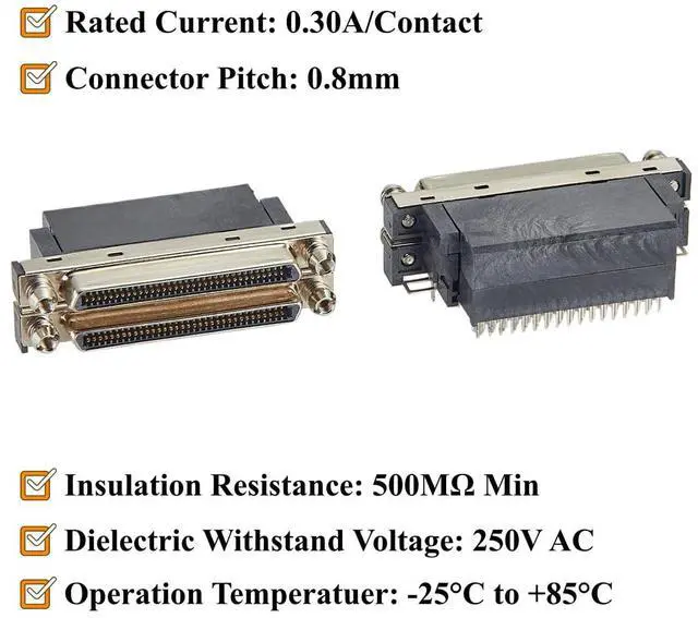 Alt view image 3 of 7 - SCSI Dual Port VHDCI 68 Pin Female Connector, Right Angle Dual Stack PCB Mount Receptacle, 0.8mm Pitch I/O Interface (35PCS)