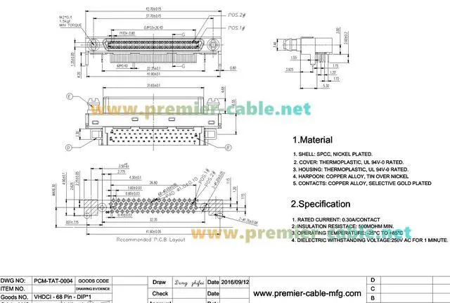 Alt view image 7 of 7 - SCSI VHDCI 68 Pin Female Connector, Right Angle SMT PCB Mount Receptacle, 0.8mm Pitch (30PCS)