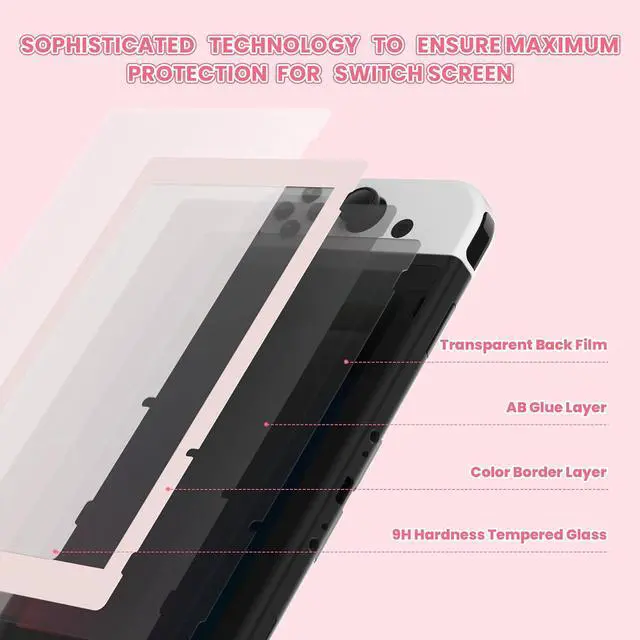 Alt view image 6 of 7 - Colorful Border Screen Protector + Back Plate + NS Joycon Handheld Controller Housing Buttons for Nintendo Switch, DIY Replacement Shell for Nintendo Switch - Cherry Blossoms Pink @
