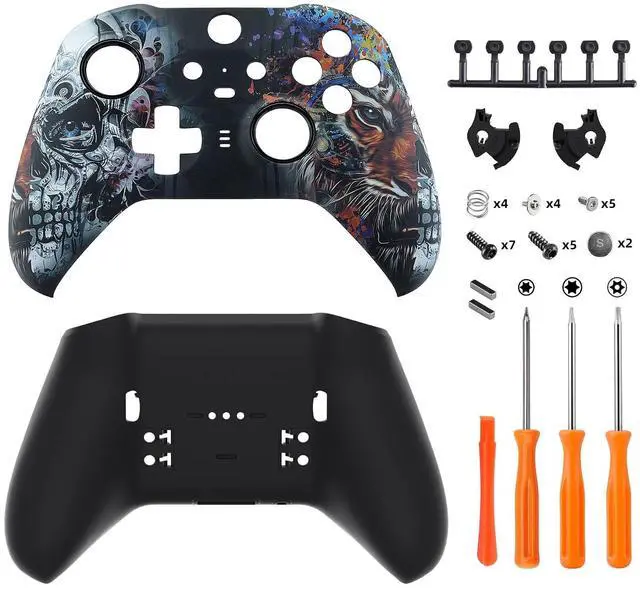Main image of Tiger Skull Patterned Faceplate Shell + Black Back Bottom Shell for Xbox Elite Series 2, Elite Series 2 Core Controller @