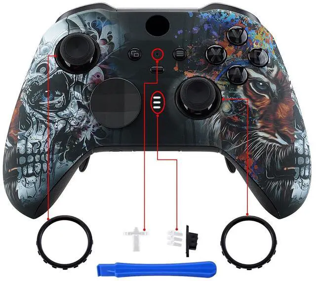 Alt view image 4 of 7 - Tiger Skull Patterned Faceplate Cover, Soft Touch Front Housing Shell Case Replacement Kit for Xbox One Elite Series 2, Xbox Elite 2 Core Controller Model 1797 - Accent Rings Included @