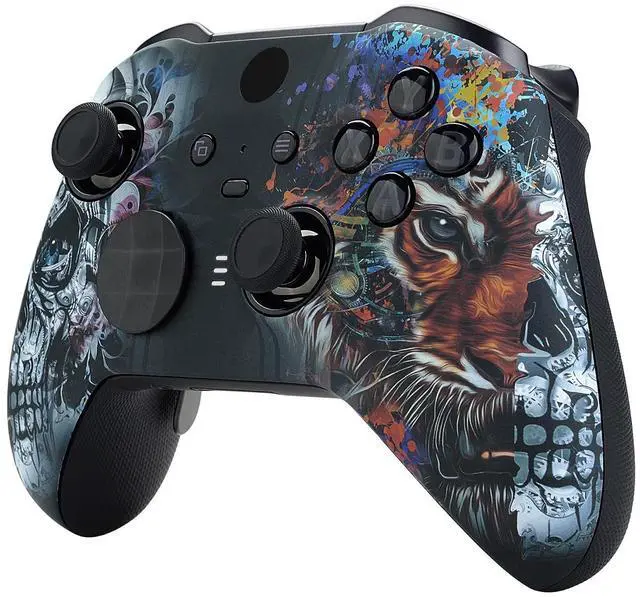 Alt view image 5 of 7 - Tiger Skull Patterned Faceplate Cover, Soft Touch Front Housing Shell Case Replacement Kit for Xbox One Elite Series 2, Xbox Elite 2 Core Controller Model 1797 - Accent Rings Included @
