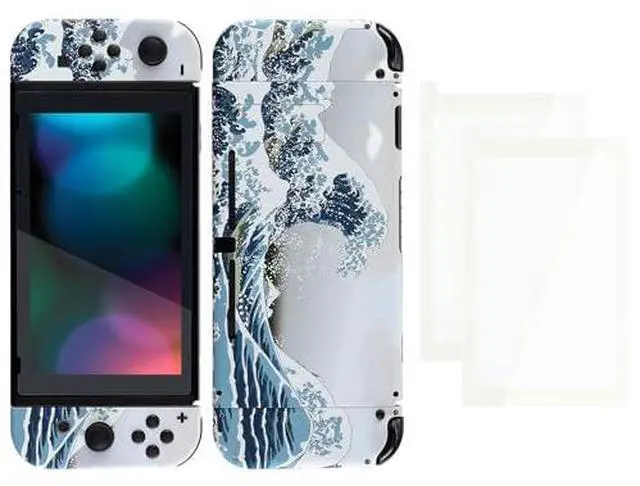 Main image of Colorful Border Screen Protector + The Great Wave DIY Replacement Full Set Shell for Nintendo Switch @
