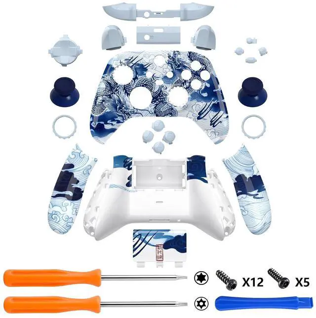 Alt view image 3 of 7 - Full Set Shell Buttons for Xbox Series X/S Controller, Porcelain Dragon Custom Replacement Side Rails Grips Front Back Plate Cover for Xbox Core Wireless Controller @