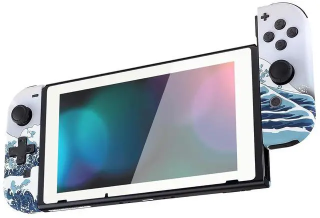 Main image of The Great Wave Dpad Version Joycon Handheld Controller Housing Buttons, Custom Replacment Shell Case with Colorful Border Tempered Glass Screen Protector for Nintendo Switch Joy-Con @