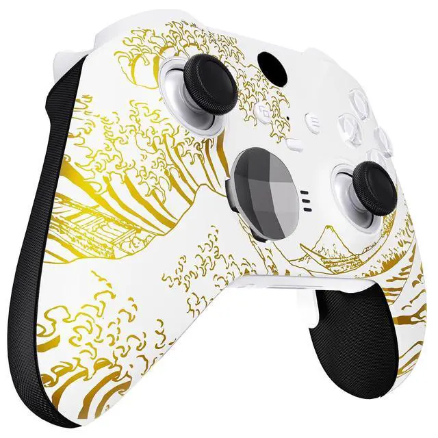 Alt view image 6 of 7 - The Great GOLDEN Wave Off Kanagawa - White Faceplate Cover, Front Housing Shell Replacement Kit for Xbox One Elite Series 2, Xbox Elite 2 Core Controller Model 1797 - Accent Rings Included @