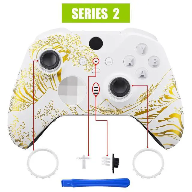 Alt view image 4 of 7 - The Great GOLDEN Wave Off Kanagawa - White Faceplate Cover, Front Housing Shell Replacement Kit for Xbox One Elite Series 2, Xbox Elite 2 Core Controller Model 1797 - Accent Rings Included @