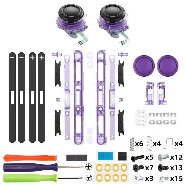 Alt view image 2 of 7 - Replacement 3D Joystick & Thumb Grips & Side Rail Shell Buttons for Nintendo Switch 2 JoyCon, Console Rail Stickers Left Right Analog Thumbsticks Caps for Switch 2 - Clear Atomic Purple @
