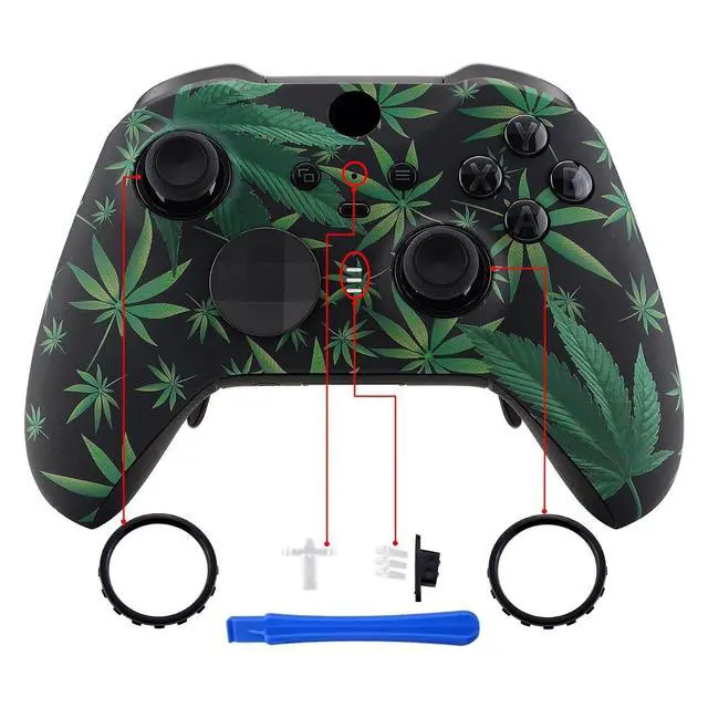 Alt view image 4 of 7 - Green Weeds Patterned Faceplate Cover, Soft Touch Front Housing Shell Case Replacement Kit for Xbox One Elite Series 2, Xbox Elite 2 Core Controller Model 1797 - Accent Rings Included @