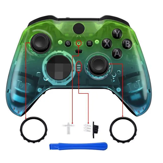Alt view image 4 of 7 - Gradient Translucent Green Blue Front Housing Shell Case Replacement Kit for Xbox One Elite Series 2, Xbox Elite 2 Core Controller Model 1797 - Thumbstick Accent Rings Included @