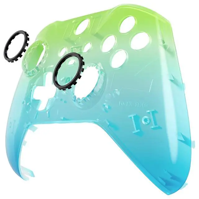 Alt view image 6 of 7 - Gradient Translucent Green Blue Front Housing Shell Case Replacement Kit for Xbox One Elite Series 2, Xbox Elite 2 Core Controller Model 1797 - Thumbstick Accent Rings Included @