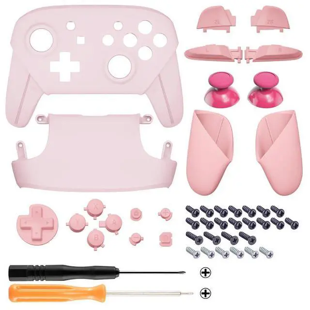 Alt view image 2 of 7 - Replacement Full Set Shell Button for Nintendo Switch Pro Controller, Cherry Blossoms Pink & Puffy Pink Faceplate Backplate Handles for Switch Pro Controller @