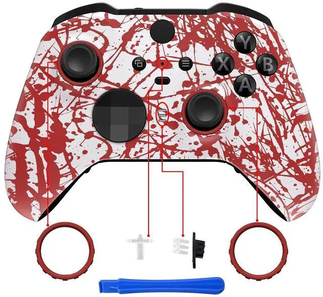 Alt view image 4 of 7 - Blood Patterned Faceplate Cover, Soft Touch Front Housing Shell Case Replacement Kit for Xbox One Elite Series 2, Xbox Elite 2 Core Controller Model 1797 - Accent Rings Included @