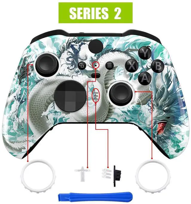 Alt view image 4 of 7 - Jade Dragon-Cloud Dominator Replacement Faceplate for Xbox One Elite Controller Series 2 (Model 1797), Soft Touch Front Housing Shell & Accent Rings for Xbox Elite Series 2 Core Controller @
