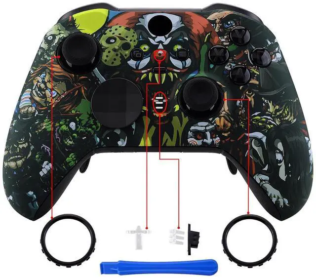 Alt view image 4 of 7 - Scary Party Patterned Faceplate Cover, Soft Touch Front Housing Shell Case Replacement Kit for Xbox One Elite Series 2, Xbox Elite 2 Core Controller Model 1797 - Accent Rings Included @