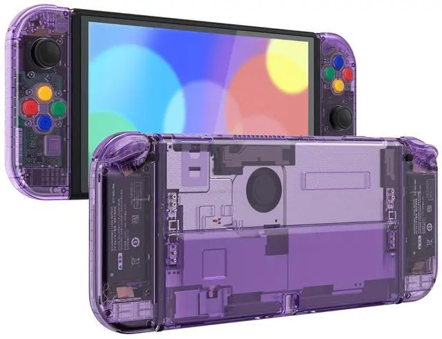 Main image of DIY Full Set Shell Buttons for Nintendo Switch OLED, Crystal Clear Atomic Purple Replacement Back Plate & Kickstand Custom Case Housing for Nintendo Switch OLED JoyCon - No Controller @