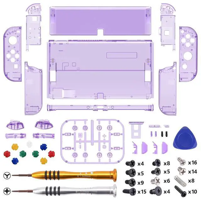 Alt view image 3 of 7 - DIY Full Set Shell Buttons for Nintendo Switch OLED, Crystal Clear Atomic Purple Replacement Back Plate & Kickstand Custom Case Housing for Nintendo Switch OLED JoyCon - No Controller @