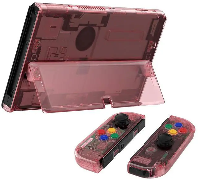 Alt view image 6 of 7 - DIY Full Set Shell Buttons for Nintendo Switch OLED, Crystal Cherry Pink Replacement Back Plate & Kickstand Custom Case Housing for Nintendo Switch OLED JoyCon - No Controller @