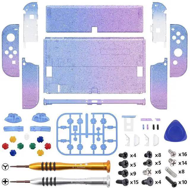 Alt view image 3 of 7 - DIY Full Set Shell Buttons for Nintendo Switch OLED, Replacement Console Back Plate & Kickstand Custom Case Housing for Nintendo Switch OLED JoyCon - Glitter Gradient Translucent Bluebell @