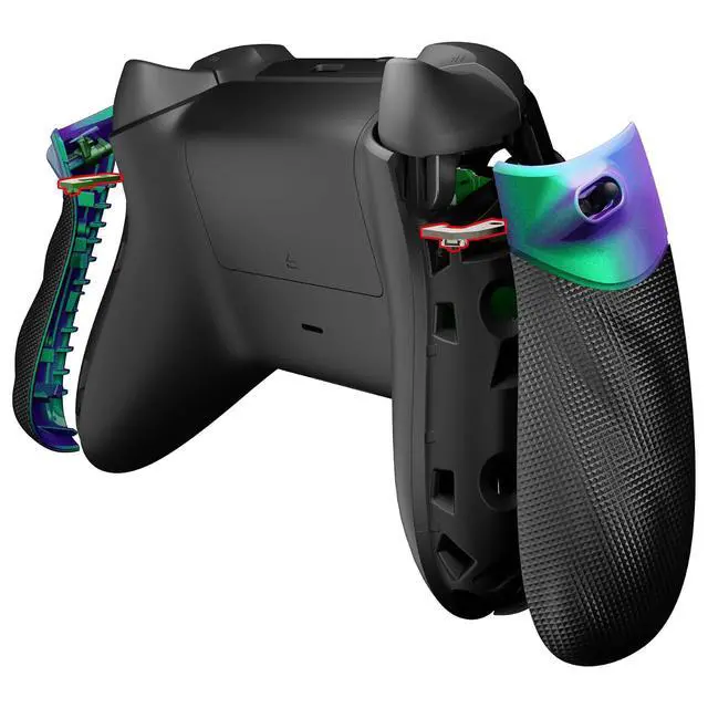 Alt view image 4 of 7 - Flexor Clicky Rubberized Side Rail Panels Button Stop Kit for Xbox Series X & S Controller, Ergonomic Handle Grips for Xbox Core Controller - Chameleon Green Purple @