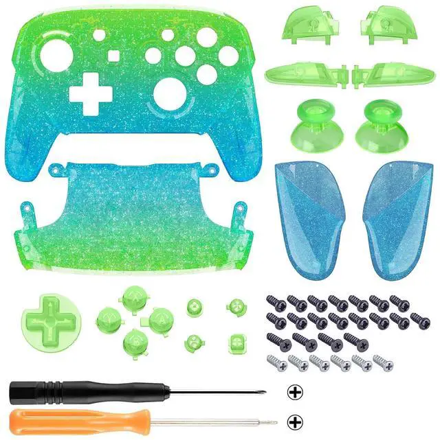 Alt view image 2 of 7 - Faceplate Backplate Handles for Nintendo Switch Pro Controller, Glitter Gradient Translucent Green Blue Replacement Hand Grip Housing Shell for Nintendo Switch Pro -Controller Without @